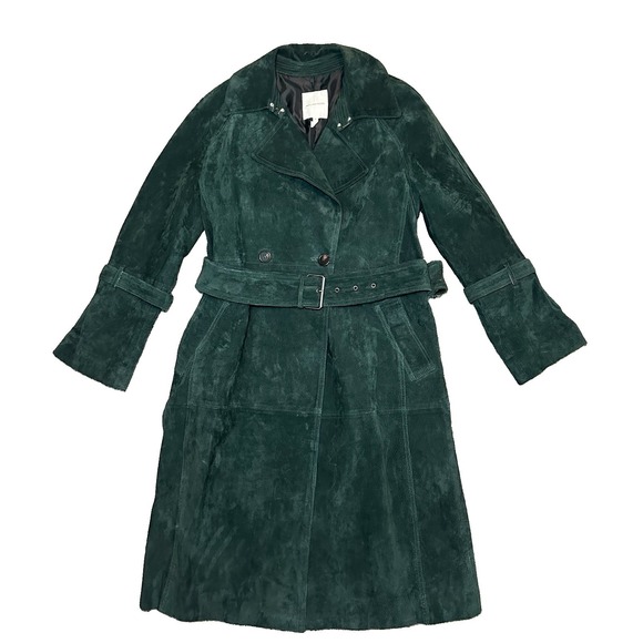 Avec Les Filles Jackets & Blazers - AVEC LES FILLES Foliage Green MEDIUM Genuine Suede Belted Trench Coat Luxury